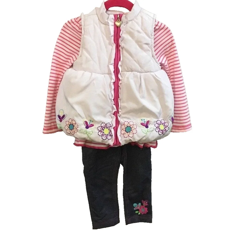 Baby Girl White Puffer Vest Shirt Jeans Jeggings 3 Piece Outfit 18M/24M Pink